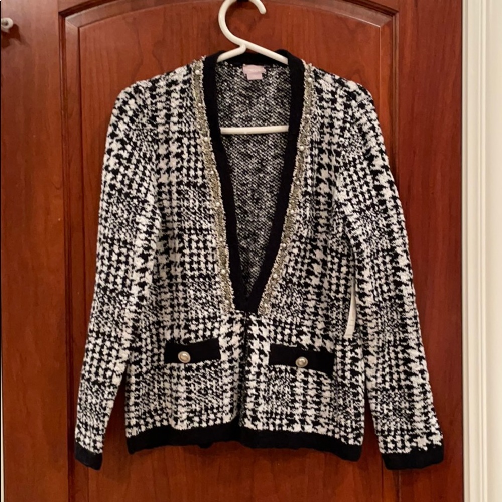 Chico’s Pearl Trimmed Black and White Cardigan